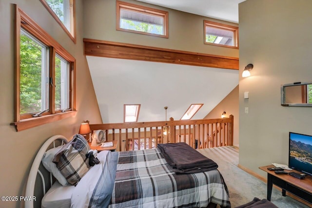 108 Minnow Ct, Lackawaxen, PA 18435 - carpeted bedroom featuring a high ceiling, multiple windows, and a skylight