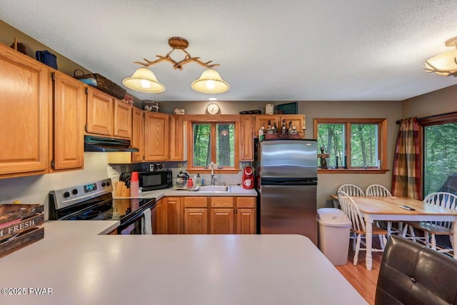 108 Minnow Ct, Lackawaxen, PA 18435 - kitchen featuring appliances with stainless steel finishes, under cabinet range hood, light countertops, light wood-type flooring, and a textured ceiling