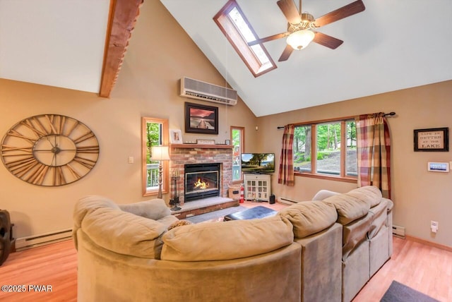108 Minnow Ct, Lackawaxen, PA 18435 - living area featuring a wall mounted air conditioner, a baseboard radiator, high vaulted ceiling, light wood-type flooring, and ceiling fan