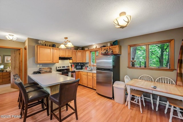 108 Minnow Ct, Lackawaxen, PA 18435 - kitchen with appliances with stainless steel finishes, under cabinet range hood, a textured ceiling, a peninsula, and light wood-style flooring