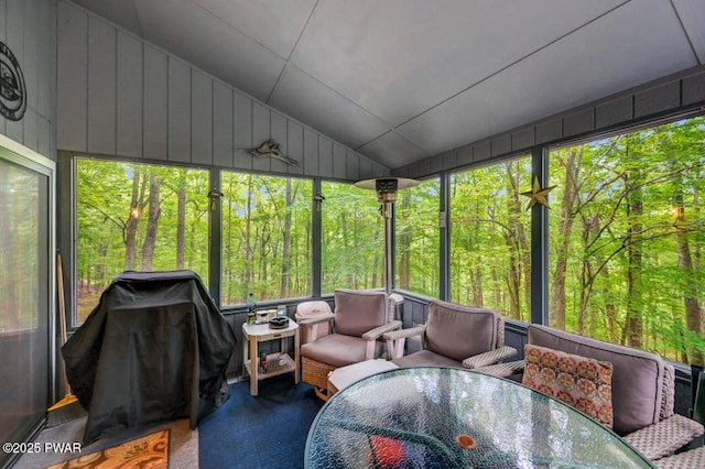 108 Minnow Ct, Lackawaxen, PA 18435 - sunroom / solarium with vaulted ceiling, an outdoor hangout area, outdoor dining area, and a forest view