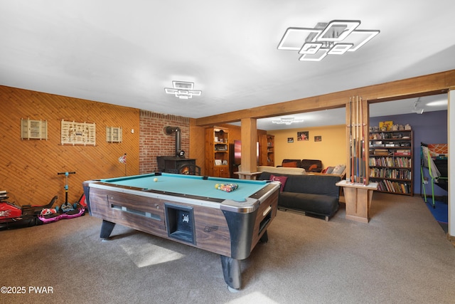 135 Kiel Rd, Milford, PA 18337 - playroom with carpet, pool table, a wood stove, and wooden walls