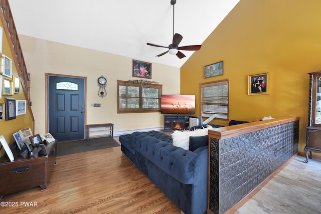 135 Kiel Rd, Milford, PA 18337 - living area featuring a ceiling fan, high vaulted ceiling, and wood finished floors