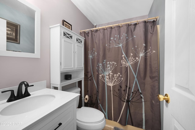 135 Kiel Rd, Milford, PA 18337 - bathroom featuring vanity, curtained shower, and lofted ceiling