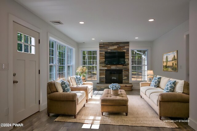 living room with a large fireplace and wood-type flooring