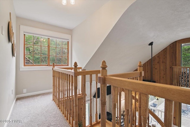 141 Arrowhead Cir, Newfoundland, PA 18445 - stairs featuring vaulted ceiling, baseboards, and carpet