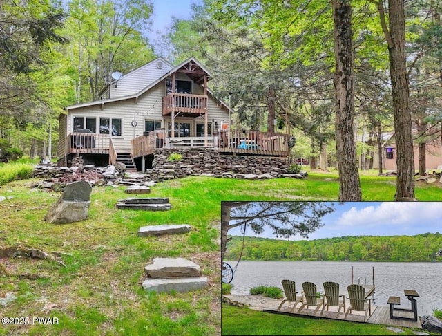 141 Arrowhead Cir, Newfoundland, PA 18445 - back of house featuring a deck with water view, a balcony, and a forest view