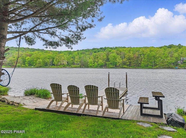 141 Arrowhead Cir, Newfoundland, PA 18445 - dock with a wooded view and a water view