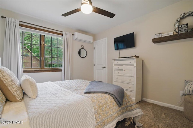 141 Arrowhead Cir, Newfoundland, PA 18445 - bedroom featuring a wall mounted air conditioner, carpet, baseboards, and a ceiling fan