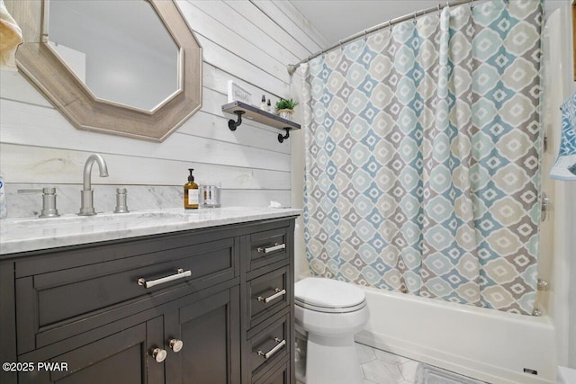 141 Arrowhead Cir, Newfoundland, PA 18445 - bathroom featuring vanity, toilet, wooden walls, and shower / bath combo with shower curtain