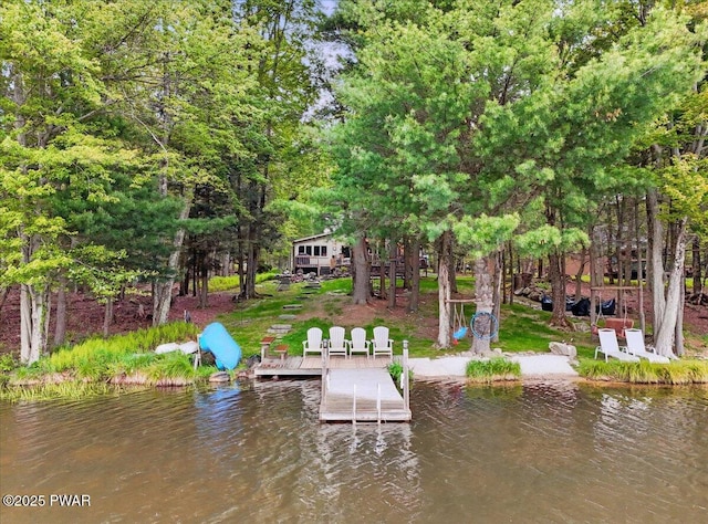 141 Arrowhead Cir, Newfoundland, PA 18445 - dock with a water view and view of wooded area