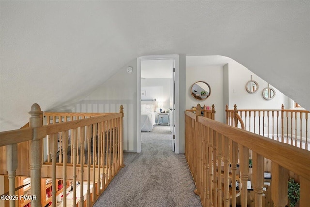 141 Arrowhead Cir, Newfoundland, PA 18445 - hallway featuring vaulted ceiling, carpet floors, and an upstairs landing