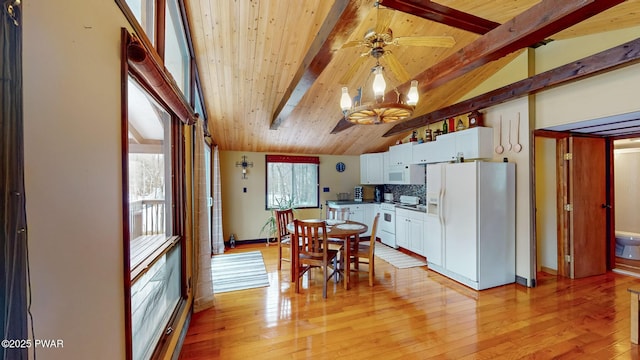 dining space featuring vaulted ceiling with beams, light wood finished floors, ceiling fan with notable chandelier, and wood ceiling