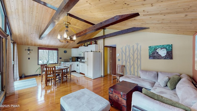 living room with vaulted ceiling with beams, light wood finished floors, wood ceiling, and an inviting chandelier