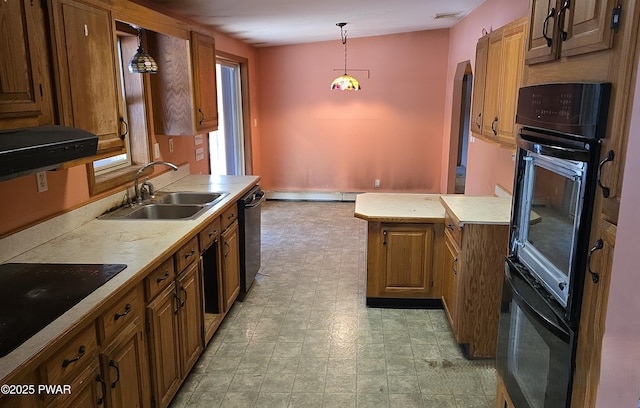 kitchen with dishwasher, black electric stovetop, sink, hanging light fixtures, and baseboard heating