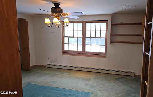 unfurnished room with baseboard heating, carpet floors, and ceiling fan