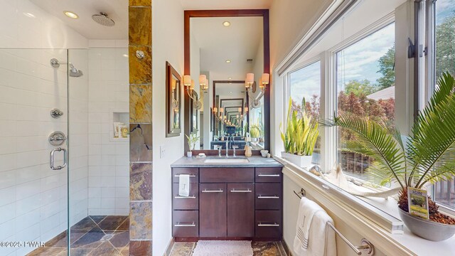 149 Bennett Ave Unit J, Milford, PA 18337 - bathroom featuring a shower stall, vanity, and recessed lighting