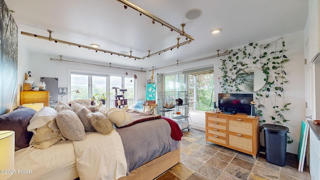 149 Bennett Ave Unit J, Milford, PA 18337 - bedroom featuring access to exterior, stone finish flooring, and recessed lighting
