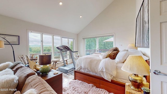149 Bennett Ave Unit J, Milford, PA 18337 - bedroom featuring high vaulted ceiling, access to exterior, multiple windows, and recessed lighting