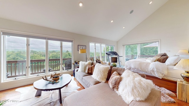 149 Bennett Ave Unit J, Milford, PA 18337 - bedroom with high vaulted ceiling, access to outside, wood finished floors, and recessed lighting
