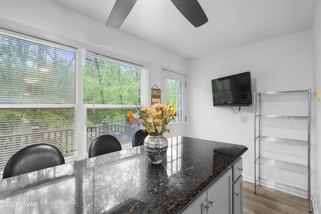 4 Pebble Ct, Lake Ariel, PA 18436 - kitchen featuring ceiling fan, wood finished floors, dark stone counters, and baseboards