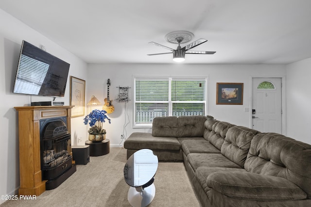 4 Pebble Ct, Lake Ariel, PA 18436 - living room featuring ceiling fan, carpet floors, a fireplace, and baseboards