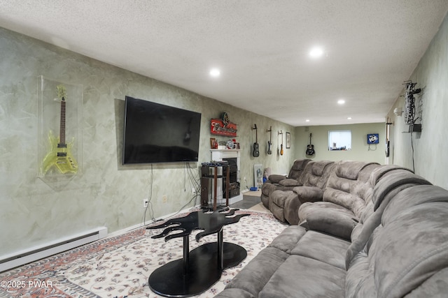 4 Pebble Ct, Lake Ariel, PA 18436 - living area featuring a baseboard radiator, recessed lighting, a textured ceiling, and a glass covered fireplace