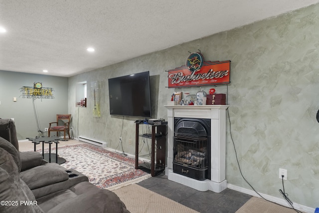 4 Pebble Ct, Lake Ariel, PA 18436 - living room featuring baseboard heating, recessed lighting, baseboards, a fireplace with flush hearth, and a textured ceiling