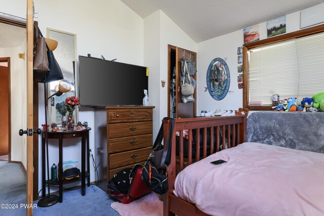 bedroom with carpet flooring, a closet, a textured ceiling, and lofted ceiling