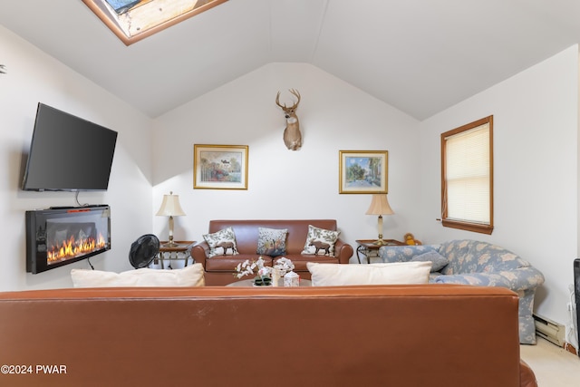 living room with vaulted ceiling with skylight and a baseboard heating unit