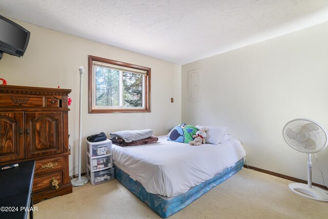 carpeted bedroom with a textured ceiling