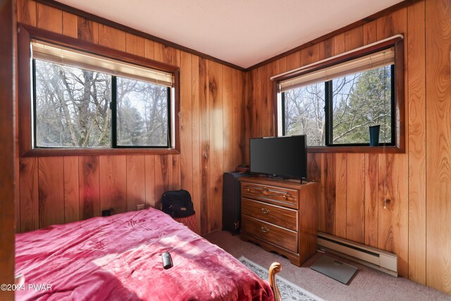 bedroom with wood walls, carpet floors, and a baseboard radiator