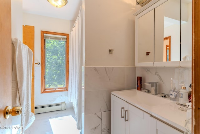 20 Clemen V Muller St, Beach Lake, PA 18405 - bathroom featuring a baseboard radiator, vanity, tile walls, marble finish floors, and a wainscoted wall