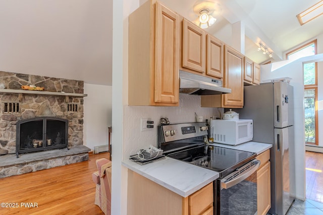 20 Clemen V Muller St, Beach Lake, PA 18405 - kitchen featuring white microwave, stainless steel electric stove, under cabinet range hood, light brown cabinets, and lofted ceiling