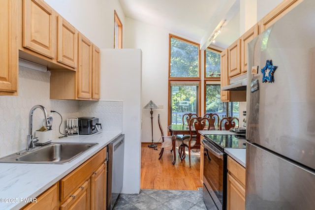 20 Clemen V Muller St, Beach Lake, PA 18405 - kitchen featuring stainless steel appliances, light countertops, tasteful backsplash, under cabinet range hood, and light brown cabinetry