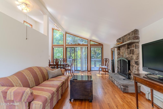 20 Clemen V Muller St, Beach Lake, PA 18405 - living area with a fireplace, wood finished floors, baseboard heating, and high vaulted ceiling