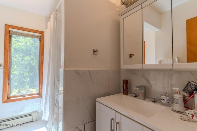 20 Clemen V Muller St, Beach Lake, PA 18405 - bathroom featuring a baseboard radiator, vanity, and tile walls