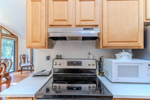 20 Clemen V Muller St, Beach Lake, PA 18405 - kitchen featuring electric stove, under cabinet range hood, white microwave, light brown cabinetry, and vaulted ceiling