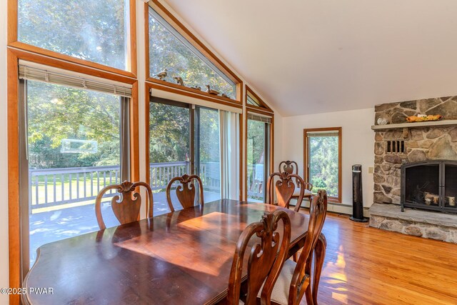 20 Clemen V Muller St, Beach Lake, PA 18405 - dining area featuring vaulted ceiling, wood finished floors, and a fireplace