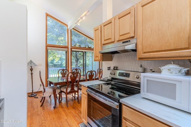 20 Clemen V Muller St, Beach Lake, PA 18405 - kitchen featuring electric range, under cabinet range hood, white microwave, light brown cabinets, and backsplash