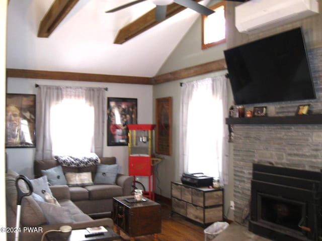 living room with a wall unit AC, vaulted ceiling with beams, ceiling fan, and hardwood / wood-style floors