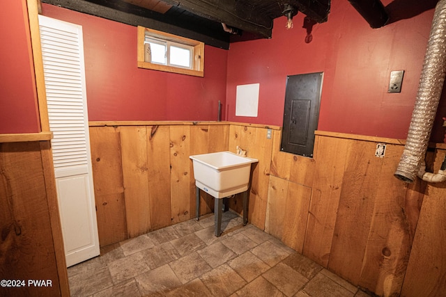 bathroom featuring wood walls and electric panel