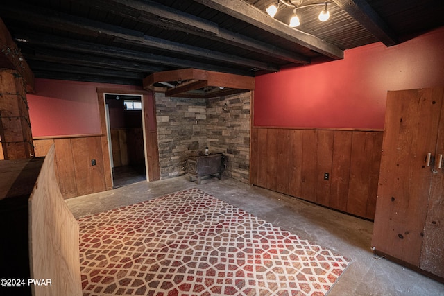 basement featuring wooden ceiling and wood walls