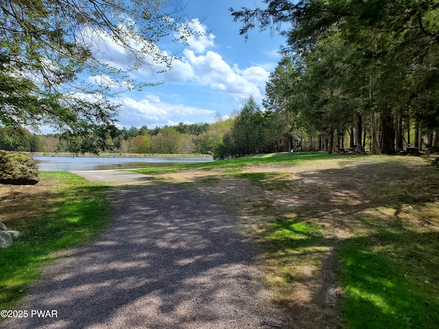 view of property's community with a view of trees and a water view