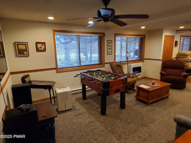 playroom featuring carpet flooring and ceiling fan