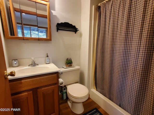 bathroom with vanity, a shower with curtain, wood-type flooring, and toilet