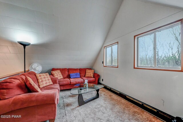 3218 Bluebird Dr, Bushkill, PA 18324 - living room featuring carpet flooring and lofted ceiling
