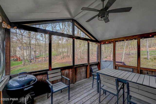 3218 Bluebird Dr, Bushkill, PA 18324 - sunroom with a ceiling fan, lofted ceiling, and plenty of natural light