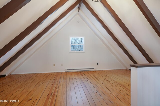 bonus room featuring a baseboard heating unit, lofted ceiling with beams, and hardwood / wood-style floors