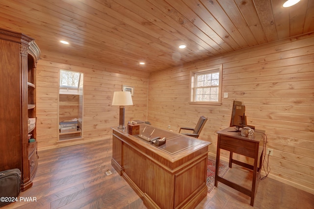 home office featuring wood walls, wood ceiling, and dark wood-type flooring